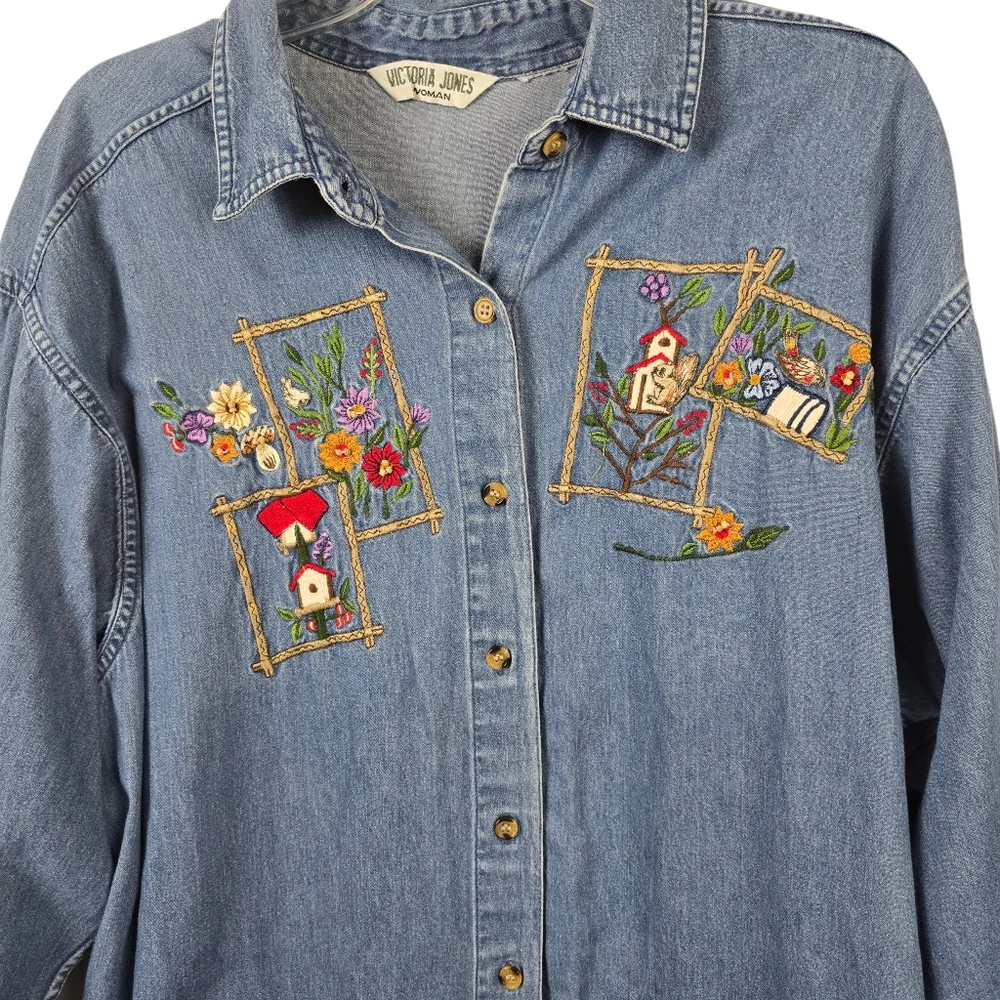 Victoria Jones Woman Denim Chambray Birdhouse Birds Grannycore Vtg Shirt XXL - Picture 13 of 14